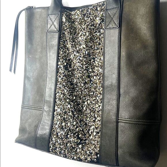 Large Allsaints Co LTD Leather tote Bag Olive with Sequin Panel 2 handles zip - Picture 4 of 12